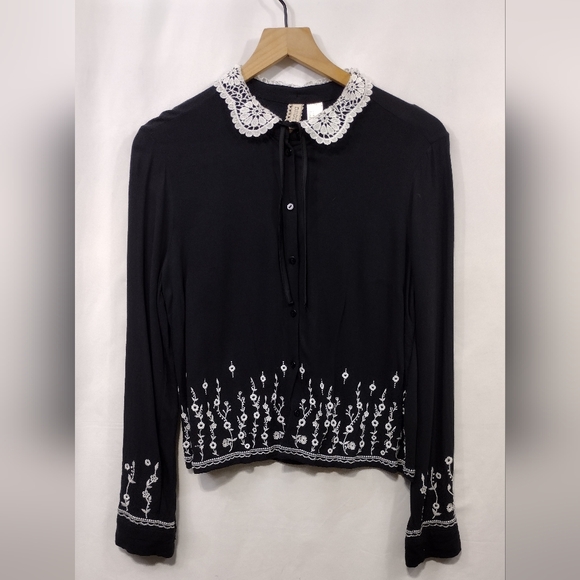 Tops - H&M Babydoll Blouse Women's 12 Black White  Preppy Academia Boho Retro 90s Y2K